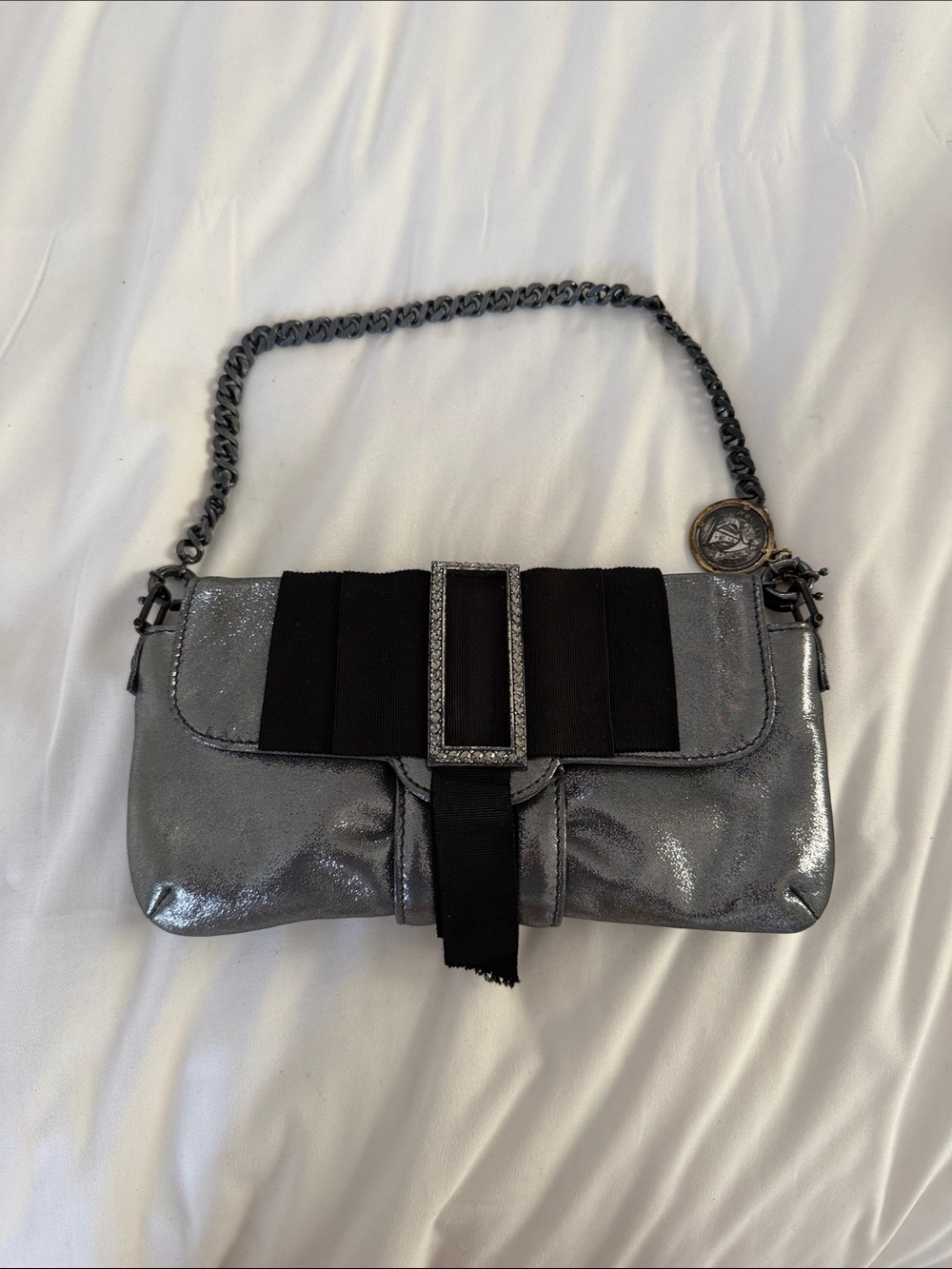 Lanvin Metallic Silver Shoulder Bag with Black Accent and Chain Strap